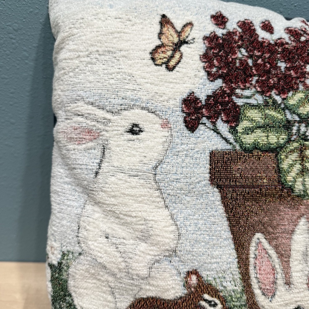 Bunny Rabbit Throw Pillow Soft Tapestry Floral Spring Summer Garden 16x16 Blue - Picture 2 of 10